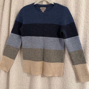 Lambs wool blend crew neck sweater, color block.